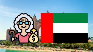 Illustration for retirement in Dubai: elderly woman with money in her hand and a flag and photo of Dubai
