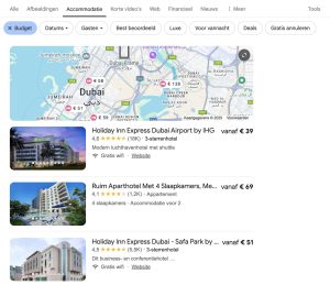 Screenshot of budget hotels in Dubai via Google search