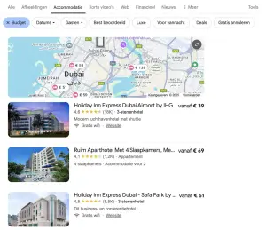 Screenshot von Budgethotels in Dubai über Google-Suche