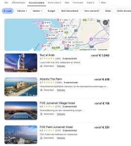 Screenshot of luxury hotels in Dubai via Google search