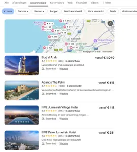 Screenshot von Luxushotels in Dubai über Google-Suche