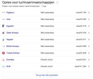 Screenshot einer Google-Suche nach Flugtickets nach Dubai ab Amsterdam, mit großen Preisunterschieden