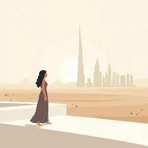 Illustration einer Frau, die auf dem Balkon ihrer Wohnung steht und über Dubai blickt