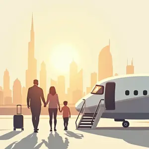 Illustration of a family with children arriving in Dubai