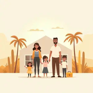 A happy family standing in front of their new property in Dubai that they have bought.