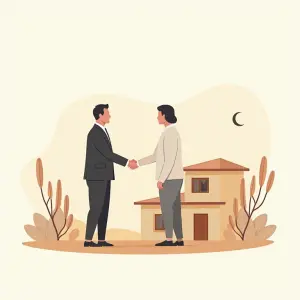 Illustration von zwei Personen, die sich nach der Unterzeichnung eines Mietvertrags die Hand schütteln.