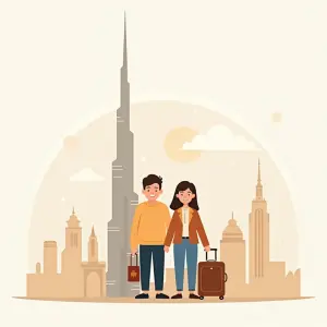 illustration of emigrating to Dubai with two people ready with suitcases and Dubai visible in the background