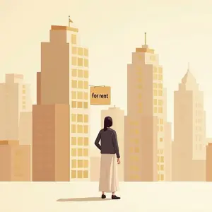 Illustration of a person standing in front of an apartment complex and seeing a sign that says 'for rent'