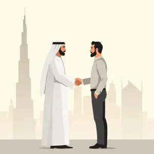 Zwei Männer, die sich die Hand schütteln, mit Dubai im Hintergrund