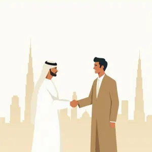 Zwei Männer, die sich die Hand schütteln, ein Mann im Anzug und ein Mann in einem langen weißen Gewand mit einem weißen Kopftuch, der eindeutig aus Dubai stammt