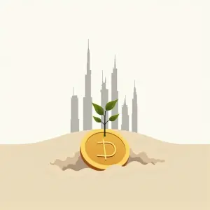 Eine gepflanzte Münze in der Wüste von Dubai zur Veranschaulichung von Investitionen in Dubai