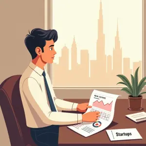 Ein Mann an seinem Schreibtisch mit der Skyline von Dubai im Hintergrund, der die Zahlen eines Start-ups analysiert