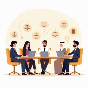 Personen, die gemeinsam am Tisch sitzen und über Gesetze und Vorschriften diskutieren, erkennbar an den Sprechblasen über ihnen