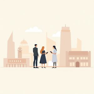 people intensely discussing with Dubai in the background