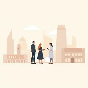 people intensely discussing with Dubai in the background