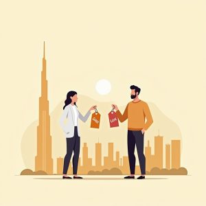 Two people who have been shopping with the Dubai skyline in the background