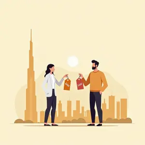 Zwei Personen, die eingekauft haben, mit der Skyline von Dubai im Hintergrund