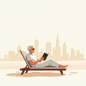 illustration: retired man lying on the beach reading a book with the skyline of Dubai