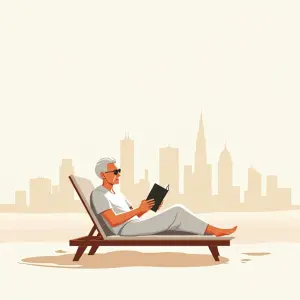 illustration: retired man lying on the beach reading a book with the skyline of Dubai