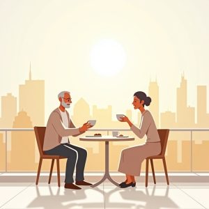 illustration: two retired people drinking coffee with the Dubai skyline