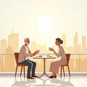 illustration: two retired people drinking coffee with the Dubai skyline