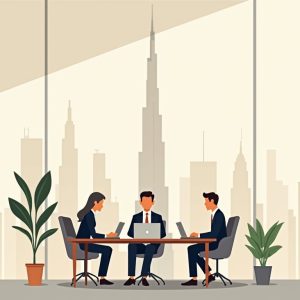 Menschen bei der Arbeit in Dubai hinter Schreibtischen mit Blick auf den Burj Khalifa im Hintergrund