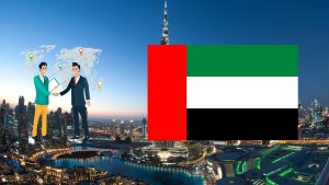 Free zones in Dubai illustration with a photo of Dubai, the flag of Dubai, and two businessmen shaking hands.