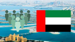Wie viele Einwohner hat Dubai, Illustration mit Flagge und Personen