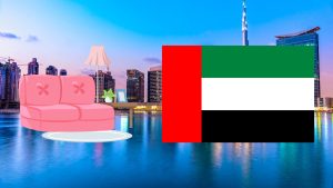 Living in Dubai illustration with a photo of Dubai, the flag of Dubai, and a living setting.