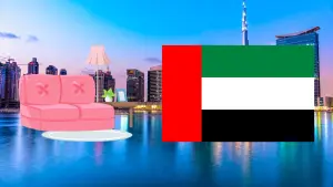 Living in Dubai illustration with a photo of Dubai, the flag of Dubai, and a living setting.