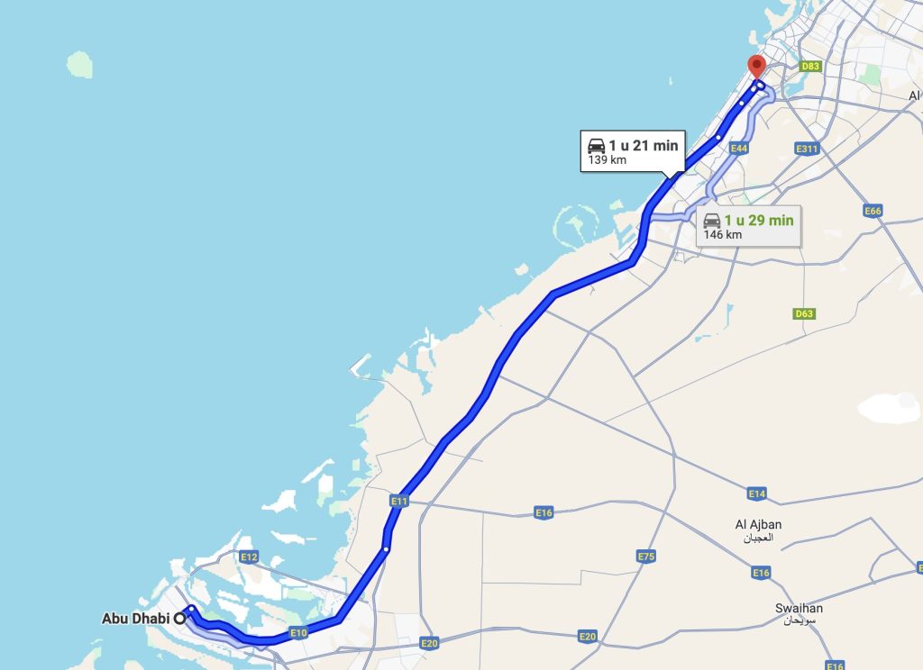 Screenshot von Google Maps mit der Entfernung von Dubai nach Abu Dhabi