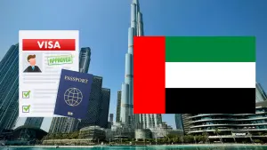 Illustration eines Visums für Dubai mit einem Bild von Dubai, im Vordergrund ein Icon mit einem Visum und Pass sowie der Flagge von Dubai