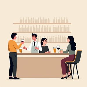 People drinking alcohol in a bar, you can see beer and wine on the bar. For illustration of alcohol in Dubai.
