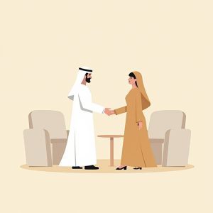 Vertragsunterzeichnung Dubai Illustration von zwei Personen, die sich die Hand schütteln
