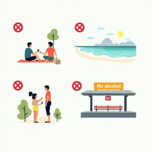 illustration of various public places in Dubai where you are not allowed to drink alcohol with a cross next to them