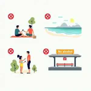 illustration of various public places in Dubai where you are not allowed to drink alcohol with a cross next to them