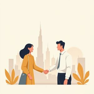 Abbildung zweier Personen, die sich die Hand reichen, wobei eine den Immobilienmakler und die andere den Verkäufer der Wohnung in Dubai repräsentiert.