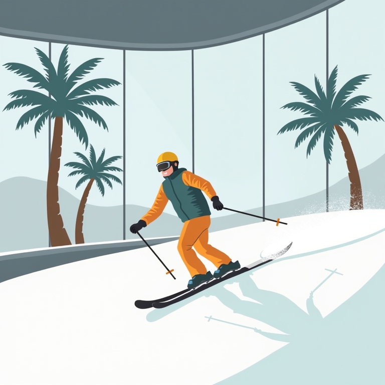 Eine Person, die in einer Skihalle Ski fährt, mit Palmen im Hintergrund zur Veranschaulichung des Skifahrens in Dubai