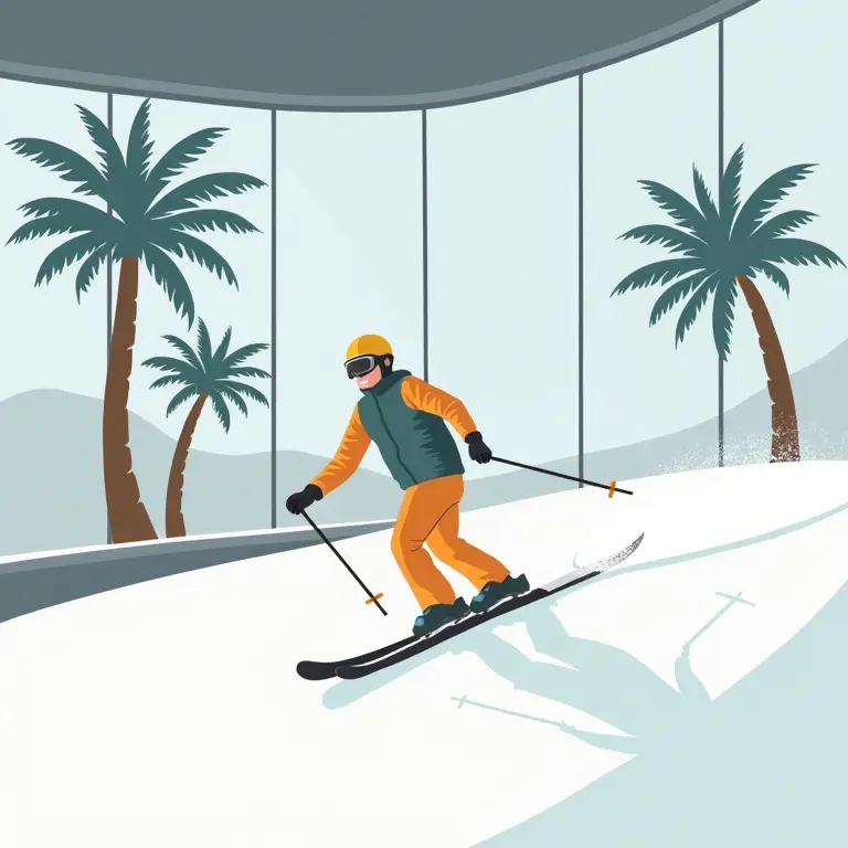 A person skiing in an indoor ski resort with palm trees in the background, illustrating skiing in Dubai