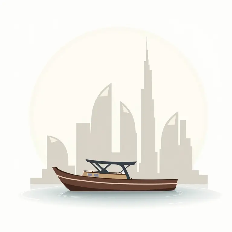 An old-fashioned fishing boat with Dubai in the background, illustrating how Dubai has changed