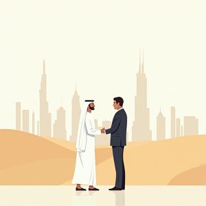 Illustration of two businessmen in Dubai shaking hands with Dubai and the desert in the background.