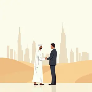 Illustration von zwei Geschäftsmännern in Dubai, die sich die Hand schütteln, mit Dubai und der Wüste im Hintergrund.