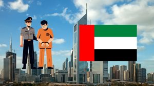 Photo of Dubai with the Dubai flag in the foreground and a police officer arresting a person. To illustrate: Crime in Dubai: Is Dubai safe?