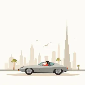Person driving in Dubai with the Dubai skyline in the background