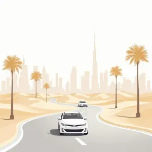 Two cars driving on a road in the desert with Dubai's skyline in the background