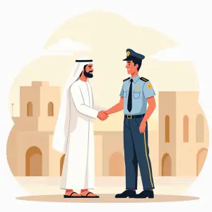 Police and an Emirati cheerfully shaking hands