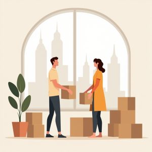 illustratie van twee mensen die dozen aan het uitpakken zijn van de verhuizing naar Dubai