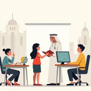 illustratie van een school in Dubai met kinderen die aan tafels zitten in een klas en een leraar voor de klas