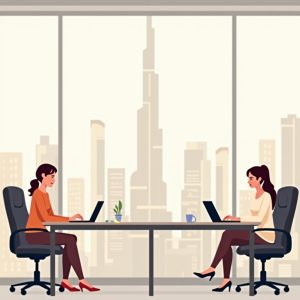 twee mensen die aan het werk zijn in Dubai met de Burj Khalifa op de achtergrond