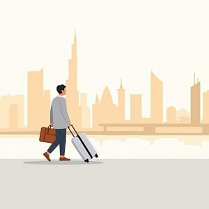foto van iemand die aankomt in Dubai met zijn koffers en kijkt naar de skyline